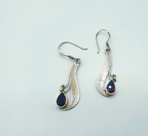 Handmade 925 Sterling Silver Garnet Earrings; Leaf design