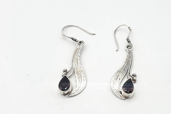 Handmade 925 Sterling Silver Garnet Earrings; Leaf design