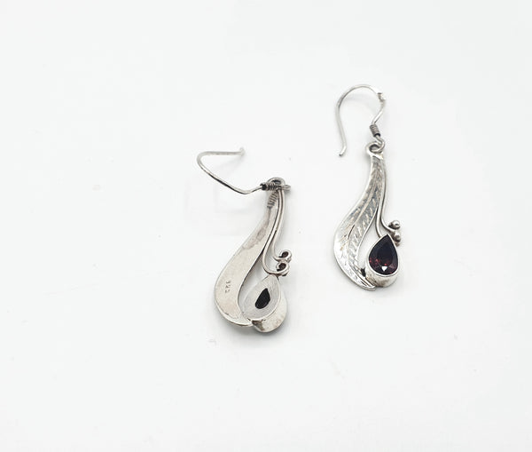 Handmade 925 Sterling Silver Garnet Earrings; Leaf design