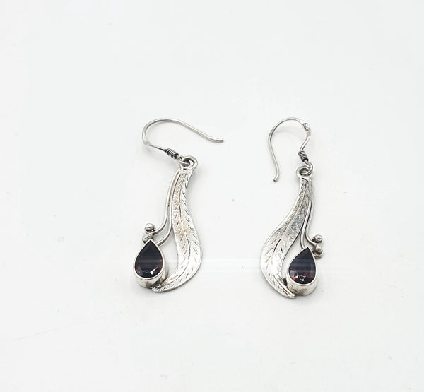 Handmade 925 Sterling Silver Garnet Earrings; Leaf design