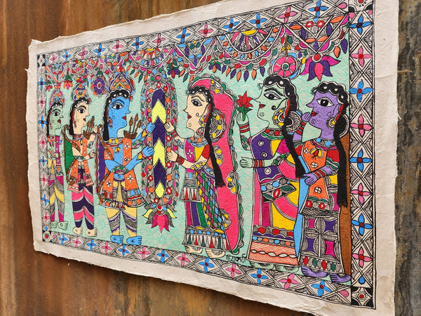 Original Large Mithila (Madhubani) Artwork: Ram and Sita Engagement Ceremony