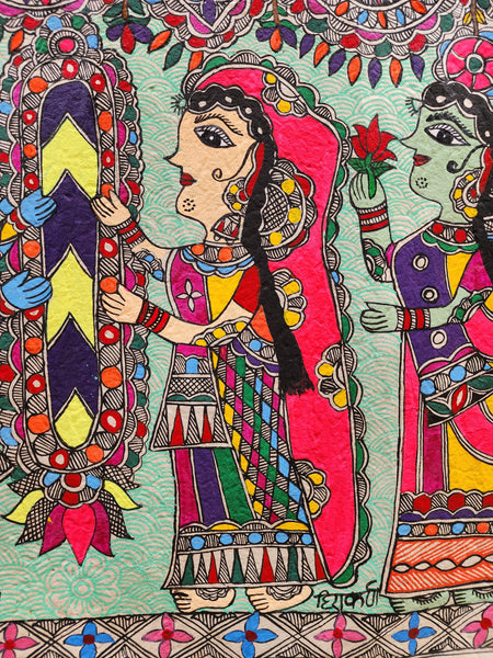 Original Large Mithila (Madhubani) Artwork: Ram and Sita Engagement Ceremony