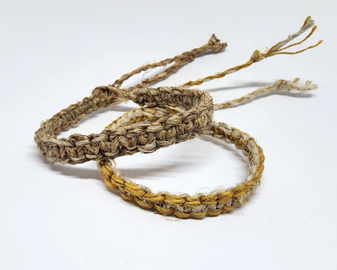 Handmade Braided Hemp Bracelet; Pack of Two, Natural and Yellow.