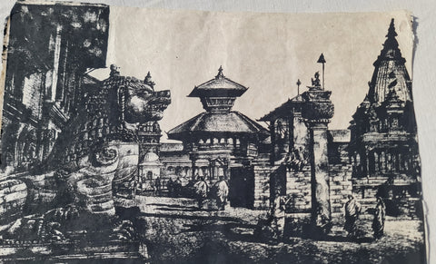 Large Unframed Artprint, Silk Screen Printed on Nepali Lokta Paper, Durbar Square