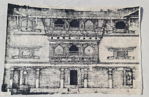 Large Unframed Art print, Silk Screen Printed on Nepali Lokta Paper, Traditional Nepali house, Monotone.