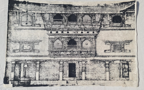 Large Unframed Art print, Silk Screen Printed on Nepali Lokta Paper, Traditional Nepali house, Monotone.