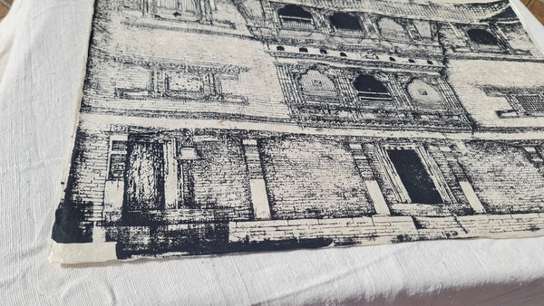 Large Unframed Art print, Silk Screen Printed on Nepali Lokta Paper, Traditional Nepali house, Monotone.