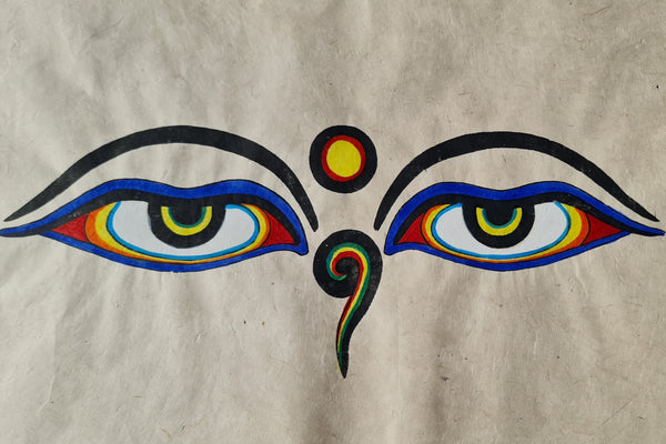 Large Unframed Art print, Buddha's Eyes. Silk Screen Printed on Nepali Lokta Paper.