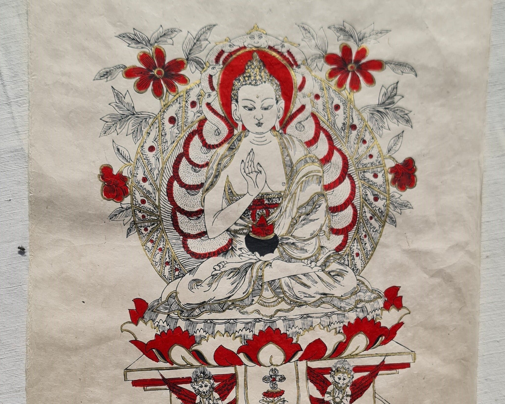 Large Unframed Art print, Seated Buddha, Silk Screen Printed on Nepali Lokta Paper.