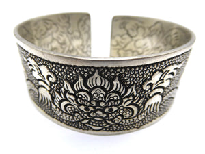 Chunky White Metal Cuff; Tibetan Dragon