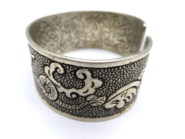 Chunky White Metal Cuff; Tibetan Dragon