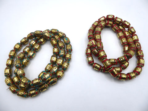 Tibetan Turquoise and Coral Inlaid Brass Beads