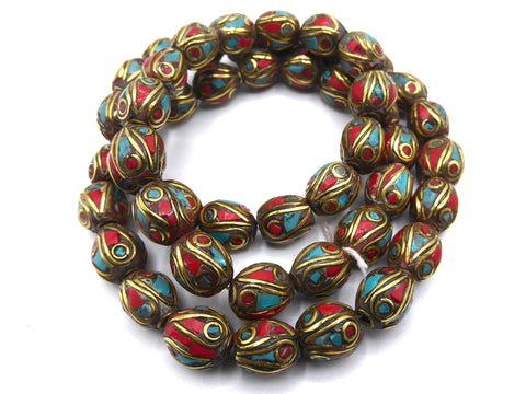 Tibetan Turquoise and Coral Inlaid Brass Beads, Oval Shaped