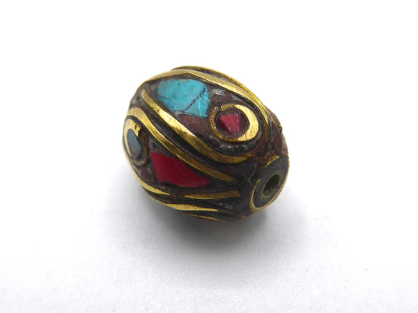 Tibetan Turquoise and Coral Inlaid Brass Beads, Oval Shaped