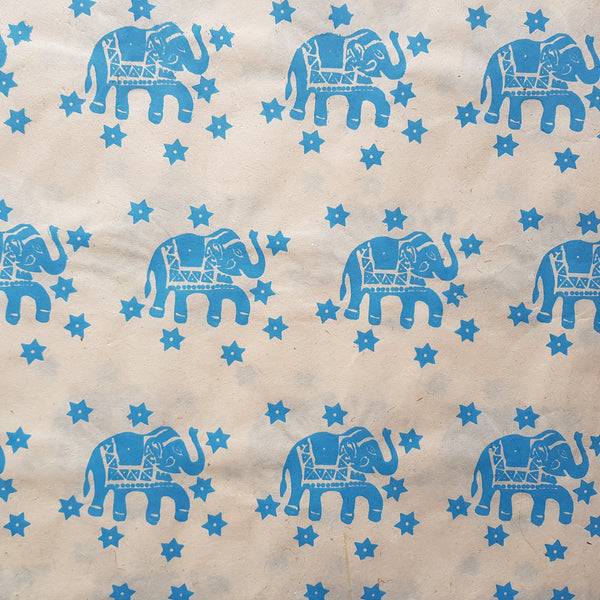 Blue Elephant Print on Lokta Paper, Tree Free & Sustainable